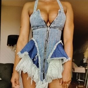 Denim Mini Dress with Frayed Hem